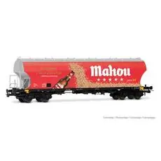 RENFE, vierachsiger rundflügeliger Getreidehopper-Wagen, Mahou-Lackierung, Ep. V