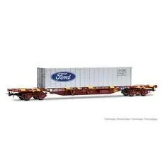 RENFE, MMC3 Containerwagen, beladen mit 40 Fuß Metallcontainer Ford, oxidrot, Ep. IV