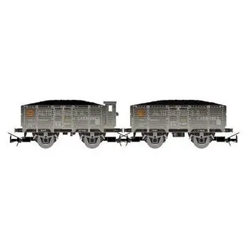 RENFE, zweiteilige zweiachsige, offene Wagen, kohlebeladen, grau/schwarz, Ep. III