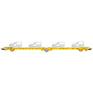 RENFE, 3-achs. Autotransportwagen Ladks, Gelb, Semat, beladen mit 4 gelber Citroen 2CV Correos