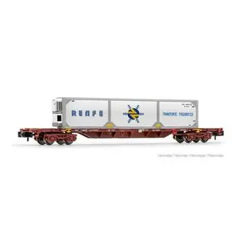 RENFE, MMC3-Containerwagen, braun, beladen mit RENFE-Kühlcontainer (Lackierung 1), Ep. IV