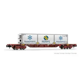 RENFE, MMC3-Containerwagen, braun, beladen mit RENFE-Kühlcontainer (Lackierung 2), Ep. IV