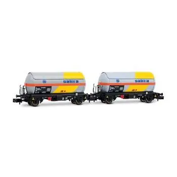 RENFE, 2er-Set, 2-achsige PR-Tankwagen, Saltra, gelb und grau, Ep. IV-V
