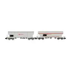 RENFE, zweiteiliger Packwagen mit vier Achsen undflachem Trichterwagen, Ermewa-grau, Ep. VI