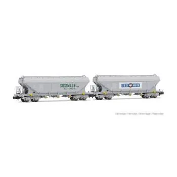 FS, 2er-Set, vierachsiger flacher Hopper-Wagen Sosimage, grau, Ep. IV