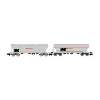 RENFE, zweiteiliger Packwagen mit vier Achsen undflachem Trichterwagen, Ermewa-grau, Ep. VI