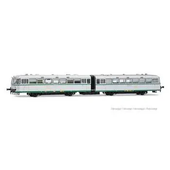 RENFE, zweiteiliger Dieseltriebwagen 591.400 Ferrobus, silbern mit UIC-Markierungen, Ep. IV, DC