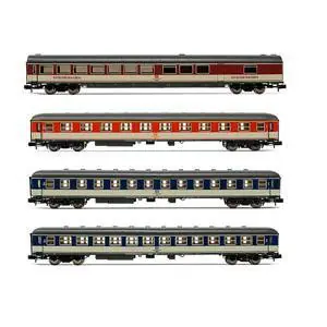DB, 4-tlg. Set Reisezugwagen Popwagen, grau/blauer und grau/roter