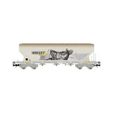 SNCF, vierachsiger flacher Cereal-Hopper-Wagen, MILLET, grau mit Graffiti, Ep. V