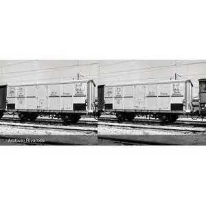 FS, 2-tlg Set 2-achs. Kühlwagen Ifms, mit Blechwänden, UK-Fahrzeugbegrenzungslinie, Silbern mit Rote