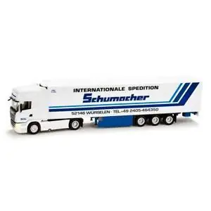 SCANIA R TL KÜHLKOFFER-SATTELZUG \"SCHUMACHER\", MIT BELEUCHTUNG UND FAHRERFIGUR